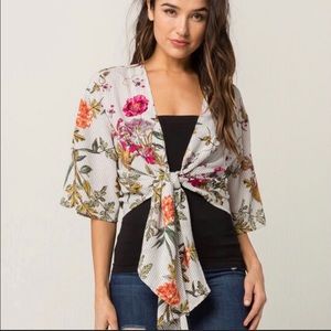 Ivy & Main Floral Stripe Kimono Sleeve Tie Front